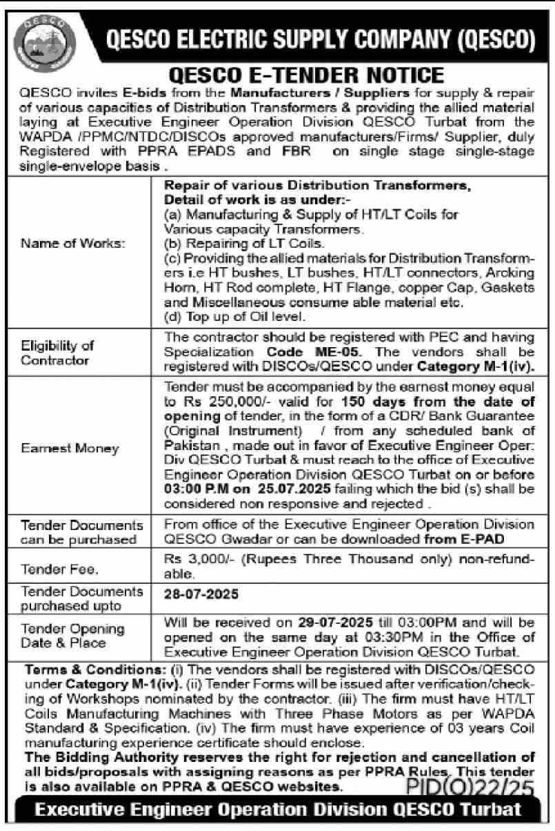 QESCO Electric Supply Company Tender Notice